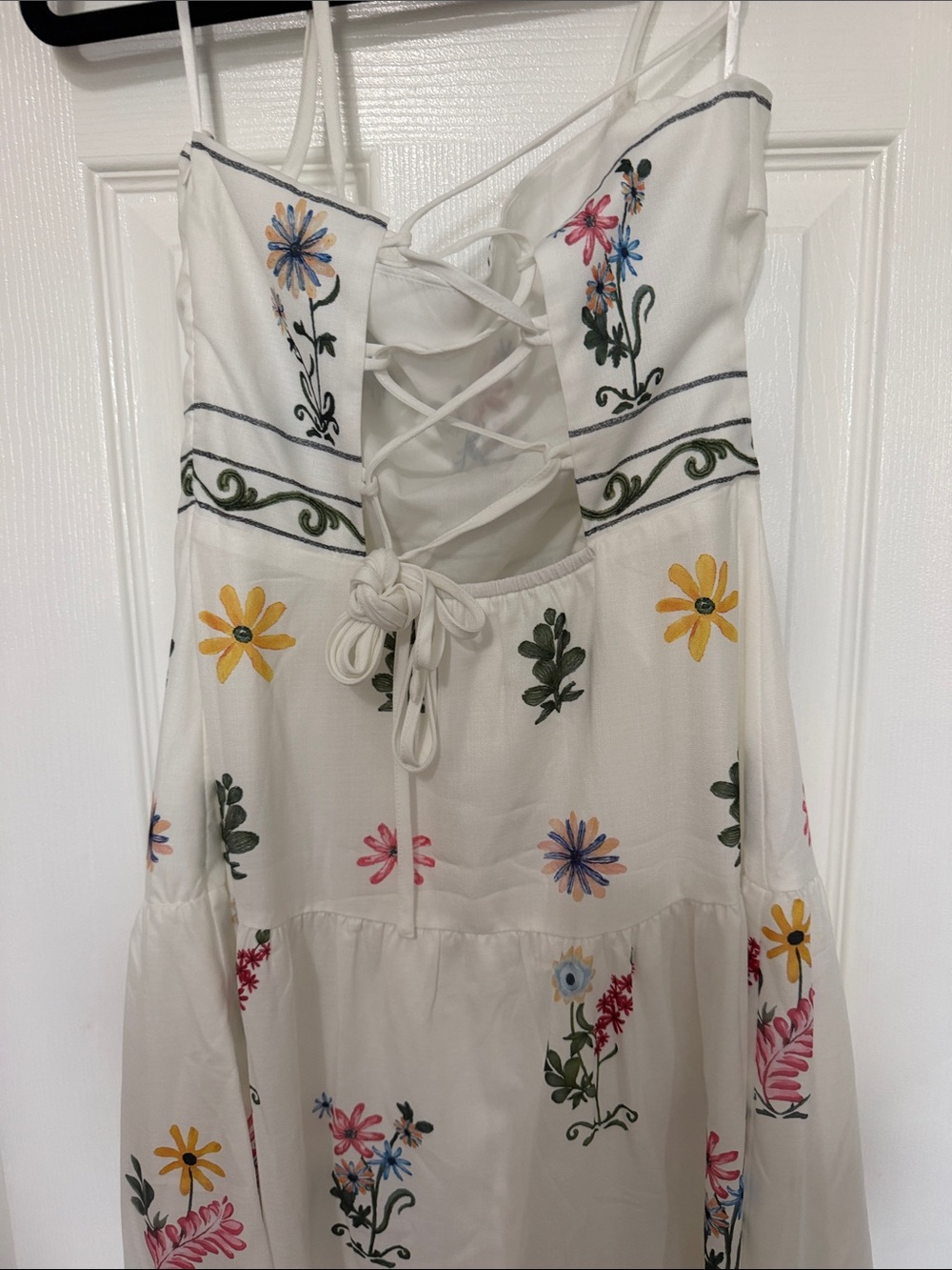 Boho Lace-Up Back Cami Dress - White with Multicolor Floral Embroidery - Picture 6 of 6
